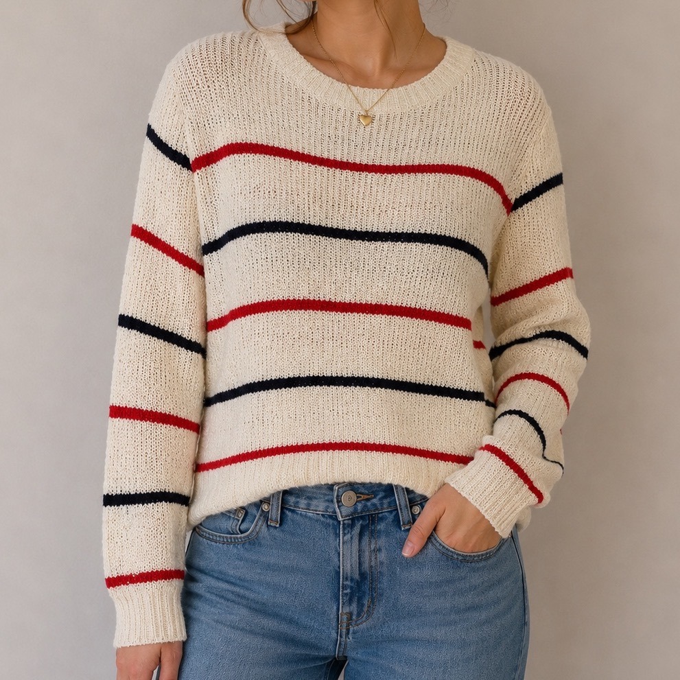 Pol Striped Knit Sweater Small Red Navy Cream Coastal Preppy Lightweight Boho